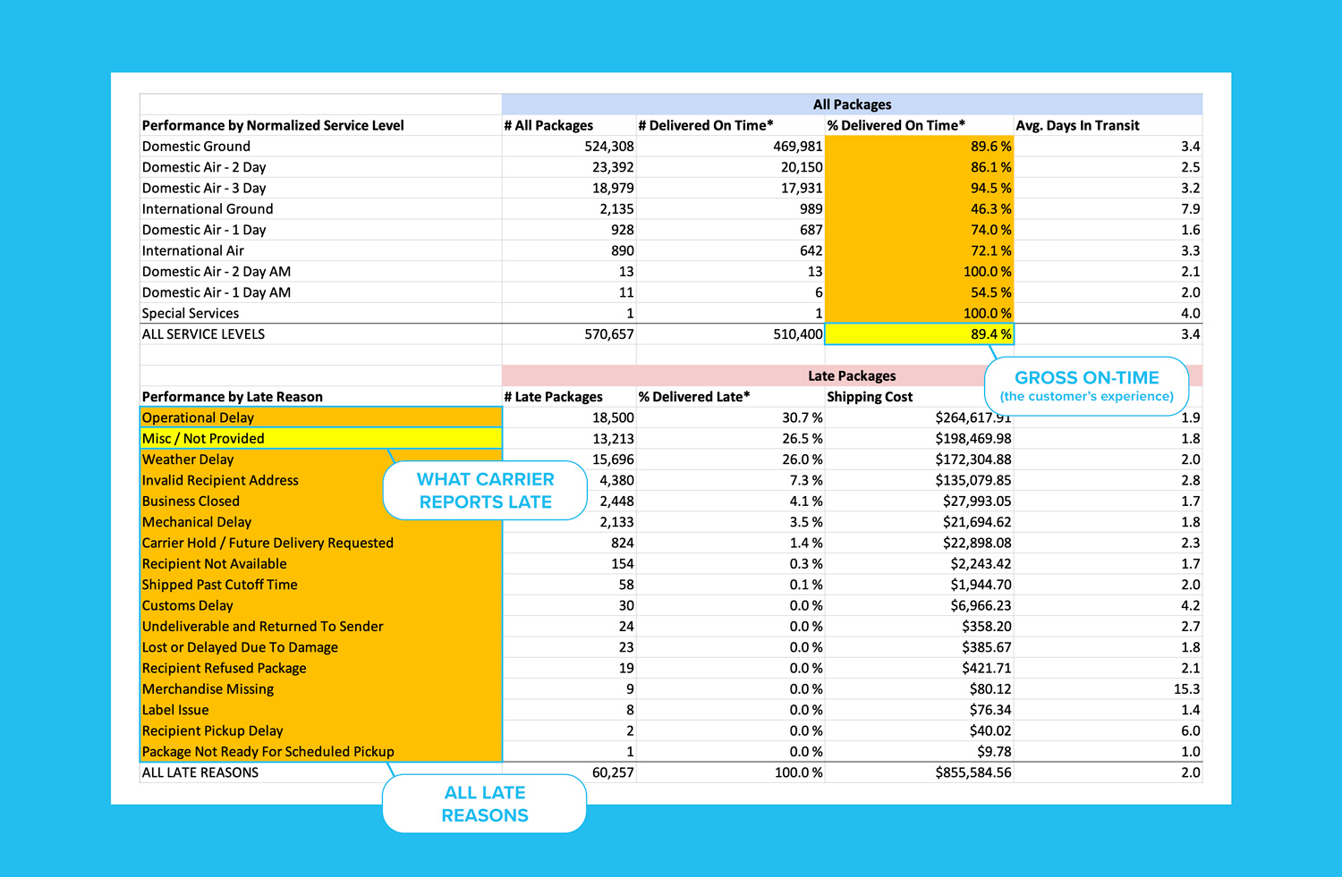 Carrier Performance Report showing how carriers report on this