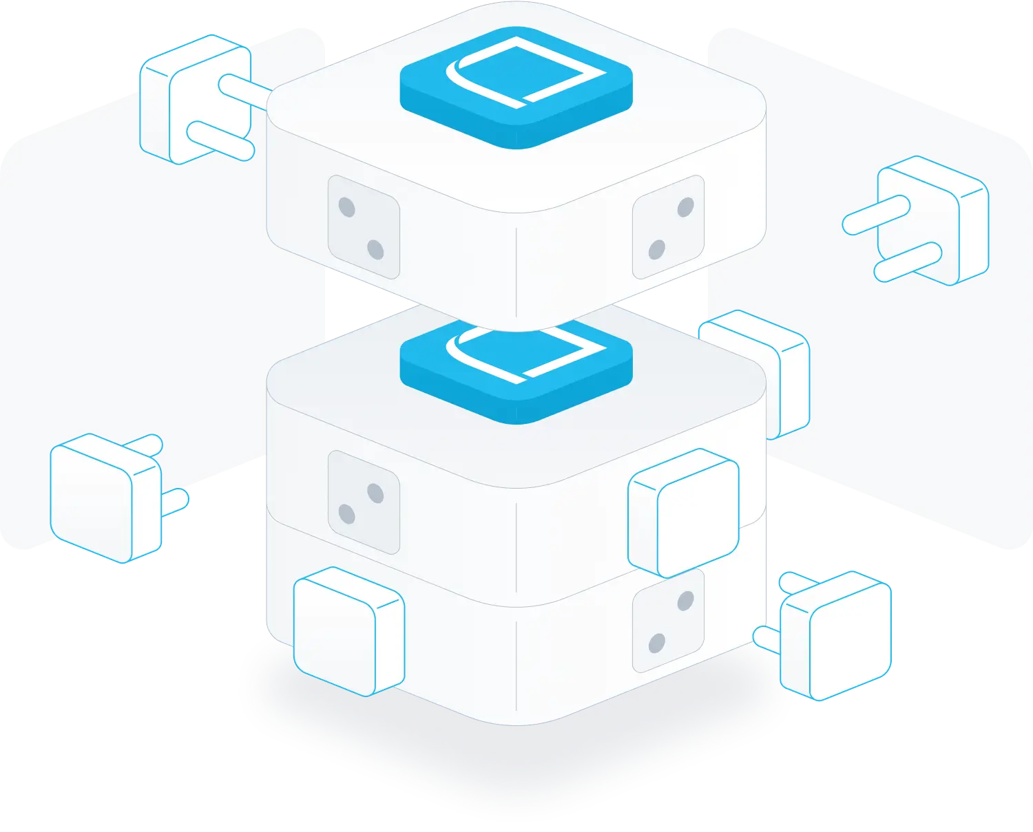 Isometric illustration of stacked white platform blocks with blue shipping package icons on top, connected to multiple outlined cube modules representing integration with various shipping carriers.
