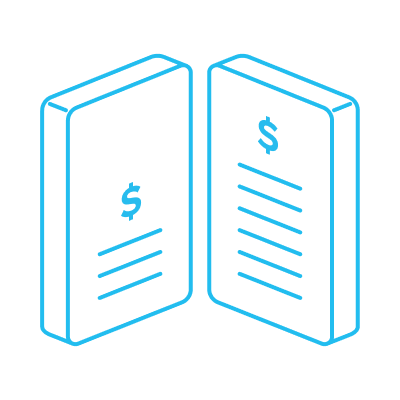Two three-dimensional books or documents standing side by side, each displaying a dollar sign and horizontal lines representing text, symbolizing financial comparison or strategic savings analysis.
