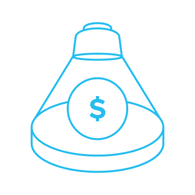 Blue line icon showing a dollar sign inside a circle centered on a conical or funnel-shaped object, representing controllable cost drivers or budget management.