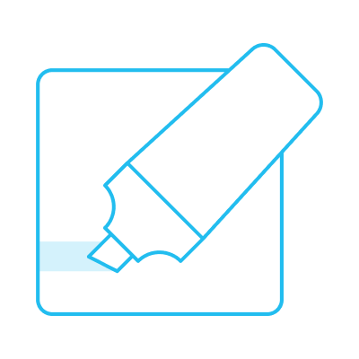 Blue line icon of a highlighter marker positioned diagonally over a square background with a light blue highlight mark beneath it, representing cost driver insights or data highlighting functionality.