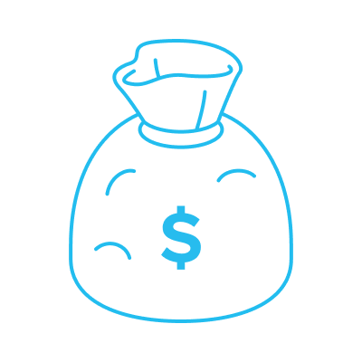 Blue line drawing of a tied money bag with a dollar sign symbol on the front, representing high-impact savings or financial gains.