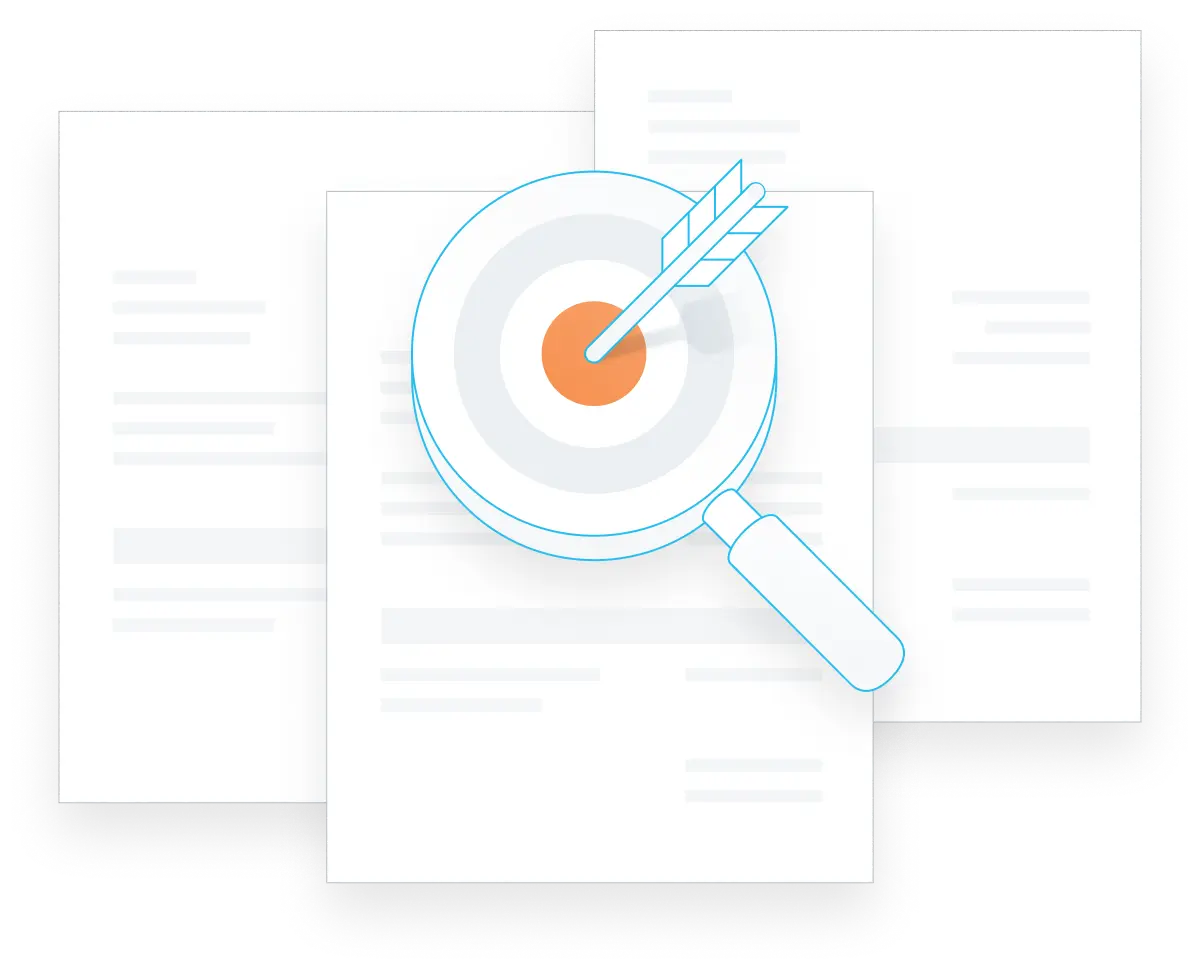 Magnifying glass over documents with a target symbol