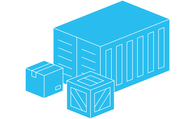 Shipping container with crates outside