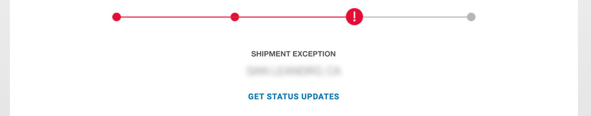 Timeline of shipment exception and delivery status on a FedEx shipping page.