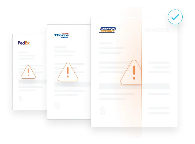 Three overlapping billing documents from FedEx, TForce, and Dayton Freight, each displaying an orange warning triangle with exclamation mark, with a blue checkmark icon in the top right indicating issues resolved.