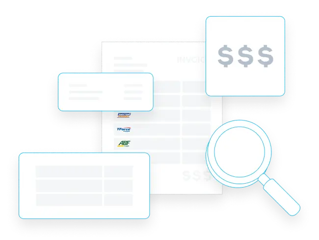 Illustration showing transparency in freight shipping with overlapping documents displaying carrier logos (Priority, TFORCE, ABF), dollar signs symbol, and a magnifying glass, representing full visibility of shipping details and costs before payment.