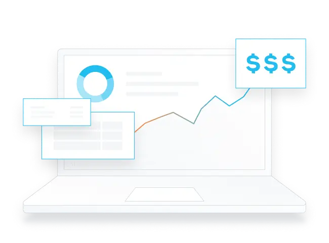 Laptop displaying dashboard with circular chart and upward trending line graph leading to dollar signs, illustrating reduced administrative work and increased revenue capacity.