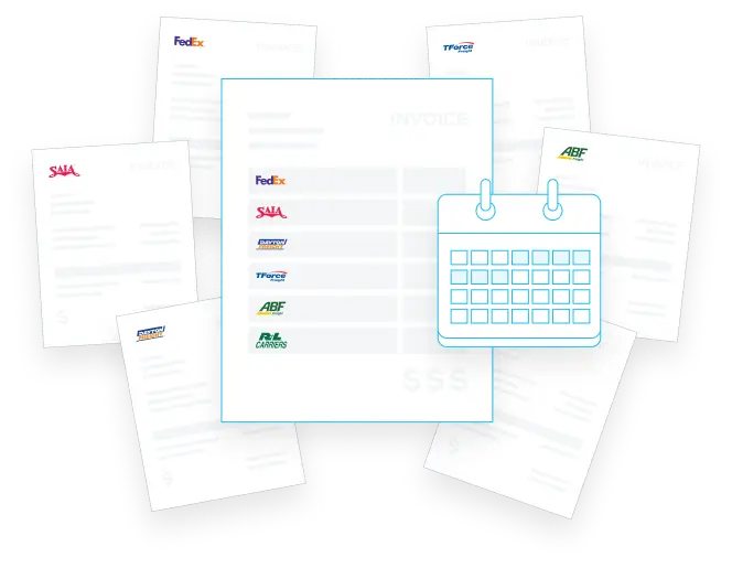 Multiple invoices from various shipping carriers (FedEx, SAIA, Conway, TPAC, ABF, Old Dominion) arranged in a stack with a calendar icon overlay, representing a weekly invoice batch consolidation.