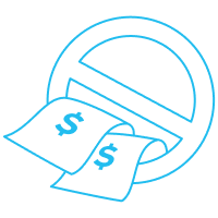 Icon showing a prohibited or crossed-out circle overlapping two receipts or bills with dollar signs, representing the elimination or prevention of overcharges