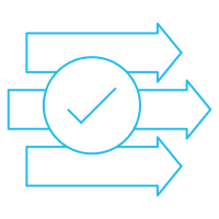 Icon showing three horizontal arrows flowing from left to right with a checkmark in a circle at the center, representing streamlined processes and workflow efficiency.