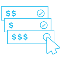 Three stacked payment cards with dollar sign amounts and checkmarks, with a cursor clicking to approve the bottom card, illustrating manual payment approval process.