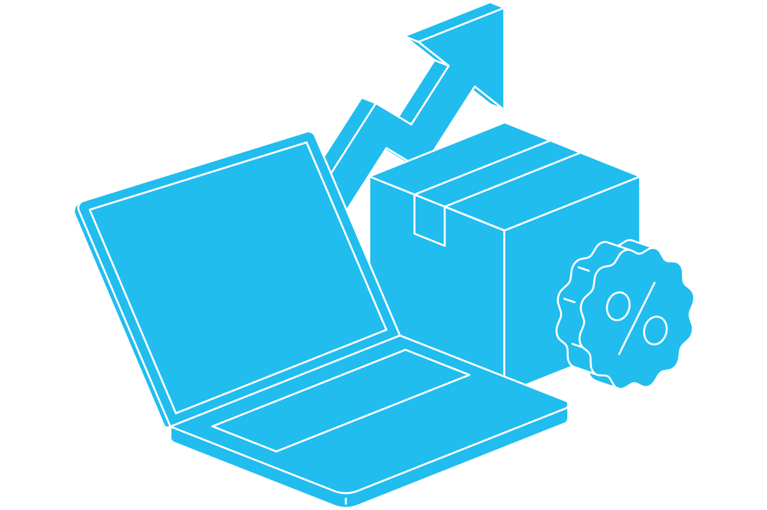 Laptop grouped with a box, an upward arrow and a percentage symbol