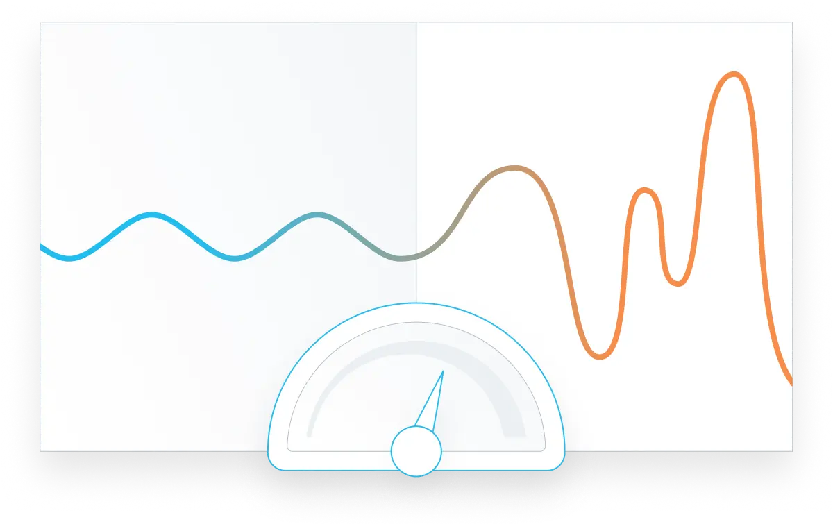 Dashboard graphic showing carrier rate optimization with a gentle blue wave line on the left transforming into a volatile orange wave pattern on the right, and a speedometer gauge at the bottom center indicating performance measurement.