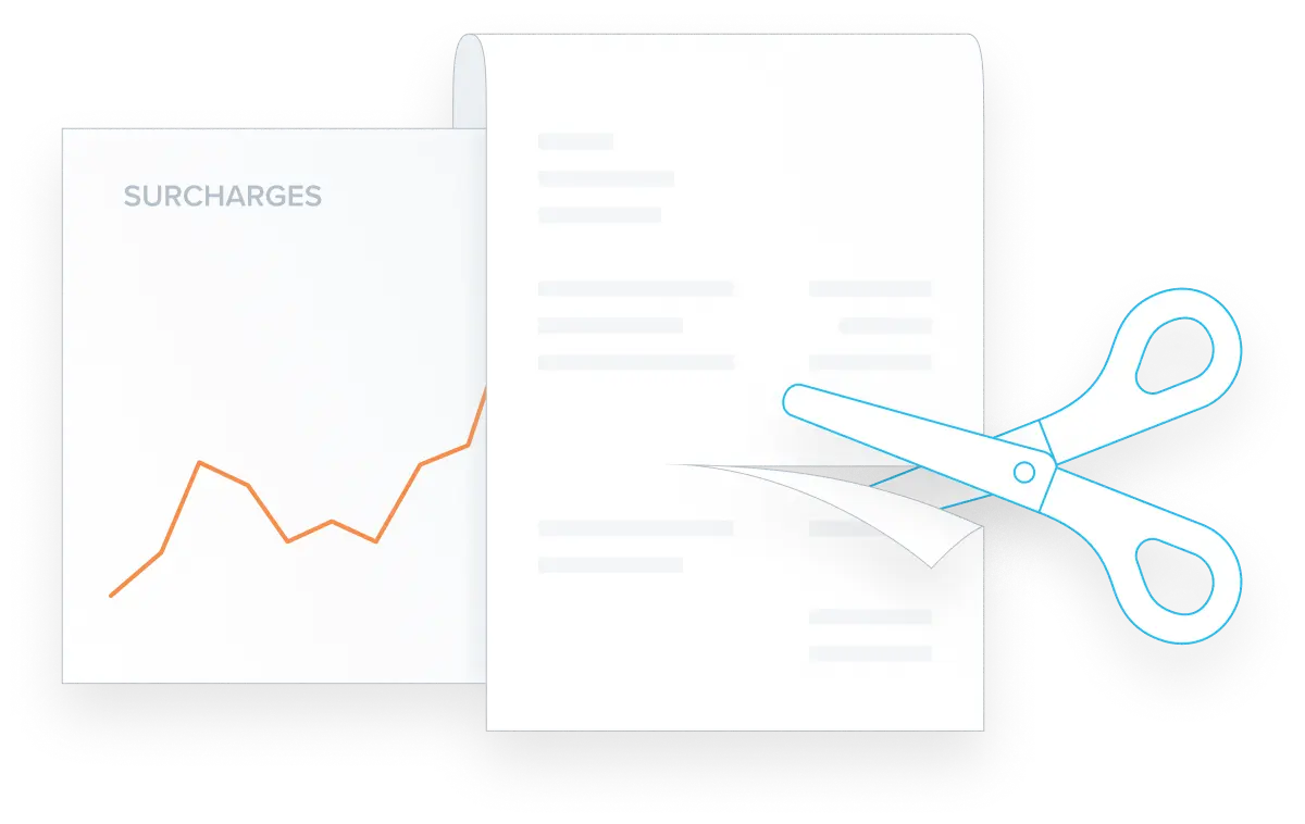 Graph showing rising surcharges trend with scissors cutting through a receipt to eliminate overspending