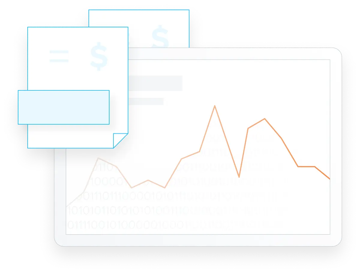 Illustration showing ERP and BI tool integration with overlapping document windows and a line graph displaying data trends in orange and gray on a white background.