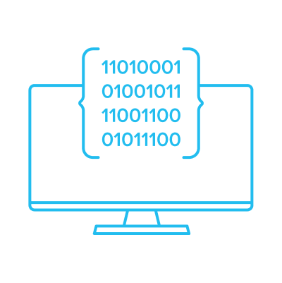 Desktop monitor displaying binary code in brackets representing shipping data integration or connection