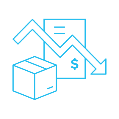 Line art icon showing a shipping box next to a document with a dollar sign and a downward trending arrow graph, representing shipment cost analysis or evaluation.