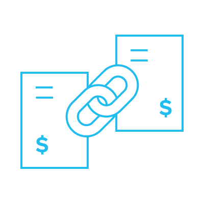Icon showing two documents with dollar signs connected by chain links, representing the linking of billed shipping costs