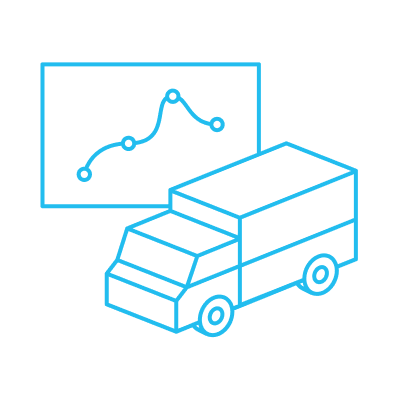 Line drawing icon showing a delivery truck in front of a chart with an upward trending line graph, representing measuring and reporting metrics or analytics.