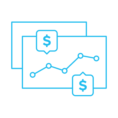 Icon showing overlapping dashboard windows with an upward trending line graph and dollar sign symbols, representing monitoring of key performance indicators and financial metrics.