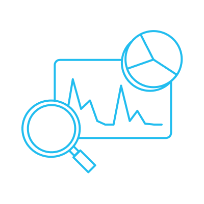 Icon showing a magnifying glass over a line graph chart with a pie chart overlay, representing tracking and analyzing surcharges or fees.