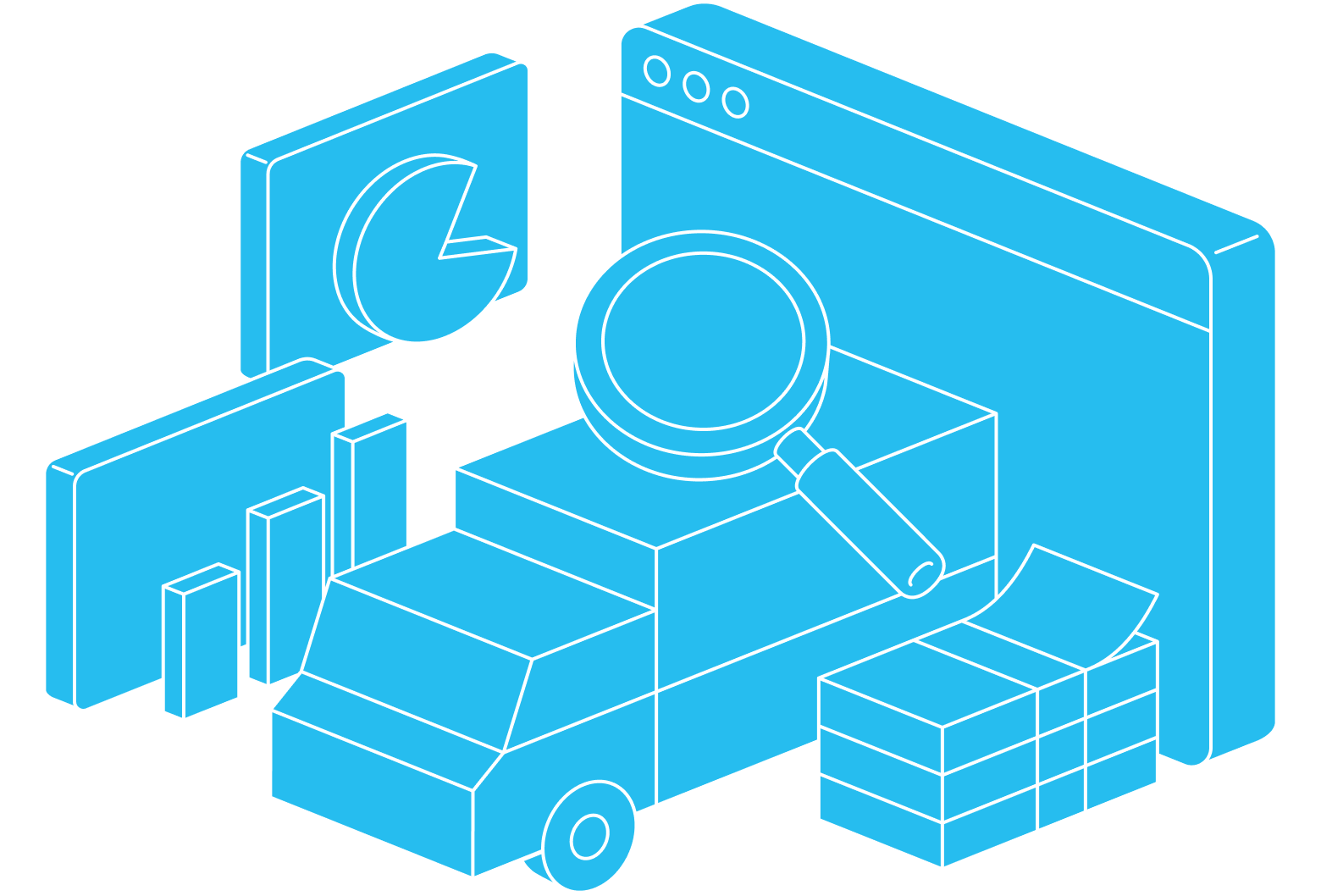 Tablet with parcel box, pie chart, and bar chart