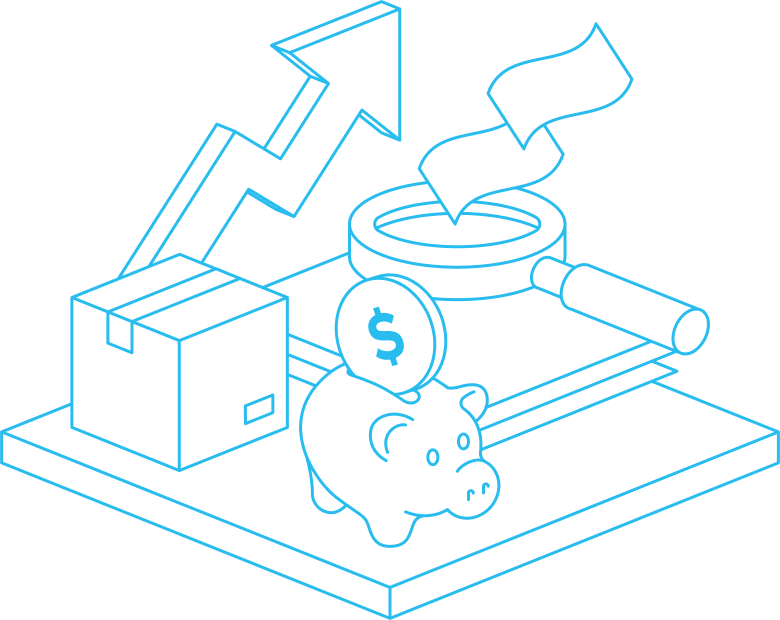 Collection of financial symbols—piggy bank, magnifying glass with money, arrow, and box—placed on a platform.